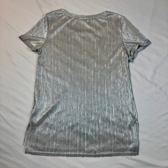 Bar III Metallic Ribbed Textured Top Silver Women’s Medium Scoop Neck Shimmer - Picture 14 of 16